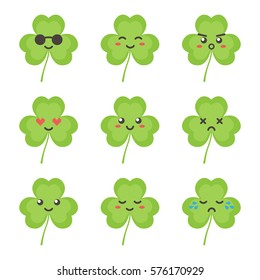 Cute flat design clover, shamrock leaf character with different facial expressions, emotions. Set, collection of emoji isolated on white background.