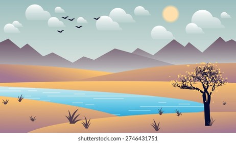Cute flat design desert landscape. A lone tree near a small lake among sandy hills against a backdrop of dunes, mountains, a sky with sun, clouds, and flying birds. Author's work. Vector.