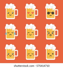 Cute flat design glass of beer character with different facial expressions, emotions. Set, collection of emoji isolated on white background.