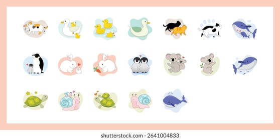 Cute Flat Design Icons of Parent and Baby Animals for Family and Nature