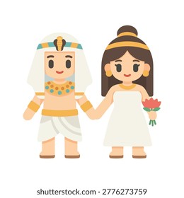 A cute flat design illustration of an Ancient Egyptian couple. The man wears a Nemes headcloth and collar, and the woman wears a white sheath dress with a golden headband and lotus flower.