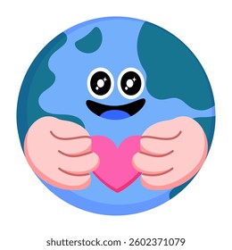 Cute flat design illustration of Earth with a happy face hugging a heart, symbolizing love, sustainability, eco-friendly living, and environmental awareness for World Environment Day.