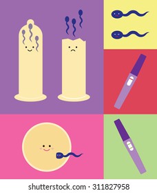 Cute flat design illustration of fertilization,conception and safe sex.