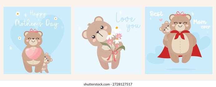 Nette flache Design-Illustration Set von Teddybär Mutter und Baby zeigt Liebe und Fürsorge zum Muttertag. Ideal für Grußkarten, Poster, soziale Medien, Einladungen und Designs zu Familienthemen.