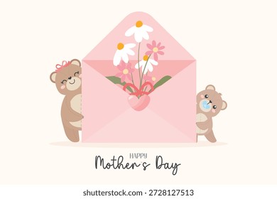 Linda ilustración de diseño plano de la madre y el bebé del oso de peluche que sostiene un sobre de flores para el día de la madre. Perfecto para tarjetas de felicitación, carteles, redes sociales, invitaciones y diseños de temática familiar.