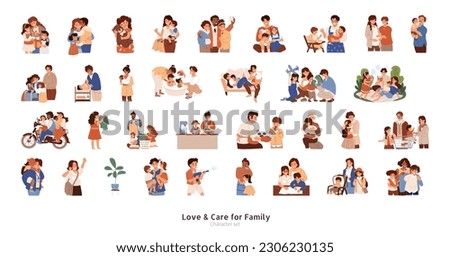 Cute flat design love and caring family element set. Adorable activities and interaction among daily life of happy families.
