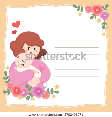 Cute Flat Design Mother and Baby Floral Card with writing space for Mother's Day baby showers or birthday greetings
