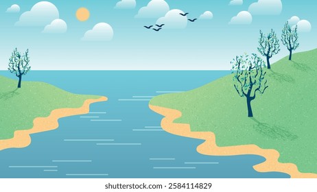 Cute flat design natural summer landscape of the sea bay. A beautiful illustration for interior decoration, corporate designs, blogs, postcards, posters and your other projects. Vector. 
