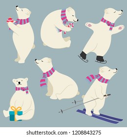 Cute flat design polare bears collection isolated. Vector
