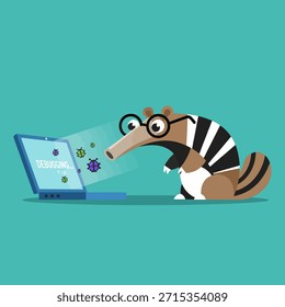 Una linda Ilustración vectorial de diseño plano con un oso hormiguero con gafas (o Tamandua) usando su hocico para "depurar" y "comer" virus informáticos pixelados (bugs) que salen de la pantalla de una computadora portátil, colocados contra un fondo verde azulado.