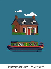 Cute Flat Design Vector Illustration On British Countryside Vacation And Recreation With Narrow Canal Boat And Small Georgian Cottage Or Guest House