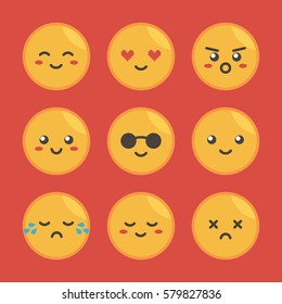 Cute flat design yellow round faces with different expressions, emotions. Set, collection of emoji.