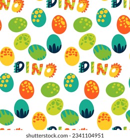 Cute flat dinosaur eggs in a nest with seamless pattern for dinosaur party, baby shower, newborn party. Eggs in the color of the parents with the inscription. Printing for parties, textiles, banners.