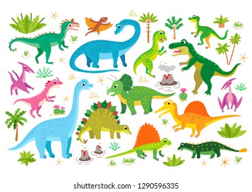 Cute flat dinosaur set. Illustrations prehistoric lizard for children. Childish poster with Jurassic reptiles. Cartoon characters dino isolated on white background. Dinosaur era wildlife - Vector