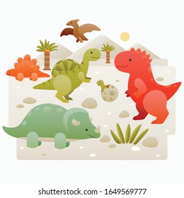Cute flat dinosaur set. Illustrations prehistoric lizard for children.