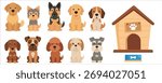 Cute flat dog illustration set featuring Golden Retriever, Yorkshire, German Shepherd, Beagle, Poodle, and Schnauzer with a doghouse and blue bowl. Perfect for pet design and kids materials.