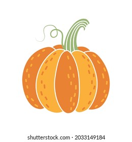 Cute flat doodle pumpkin icon. Autumn item for Thanksgiving, harvest day, Halloween. Seasonal object for stickers. Clipart for design of autumnal gift cards.