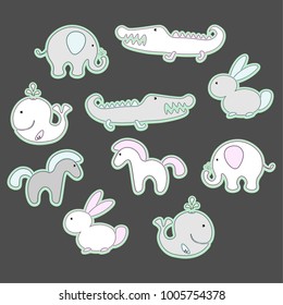 Cute flat drawings animal set.  Vector crocodile, elephant, rabbit, horse, whale.