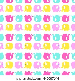 Cute flat elephant. Vector seamless pattern with fun color elephants silhouette. Sweet background for babies and children. Bright animals - yellow, pink and green on white background.