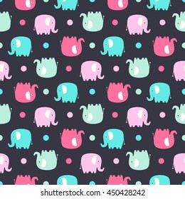 Cute flat elephant. Vector seamless pattern with fun color elephants silhouette and dots. Sweet background for babies and children. Pastel colors - pink and green on black background.