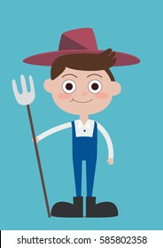 Cute Flat Farmer cartoon characters wear blue farmer dress and black boots.His right hand hold wood rake and head wear red straw hat with blue background
