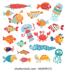 Cute flat fish. Set of flat little animals for children's ornament. Collection sea elements. Funny cartoon character. Design stylish colored flat icons. Vector illustration. Isolated white background