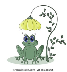 Cute flat Frog under the flower isolated white background. Children art with funny Frog. Vector illustration can used t-shirt print fabric wall decor  cover. EPS 10 