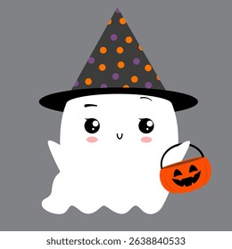 Cute flat ghost in a black party hat with a pumpkin-shaped candy basket in his hands. Vector illustration isolated on black background