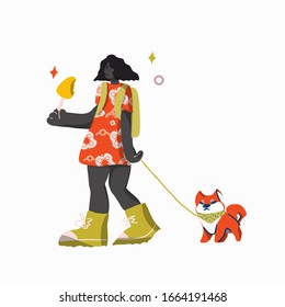 Cute flat girl and her dog are walking/ Trendy style vector illustration