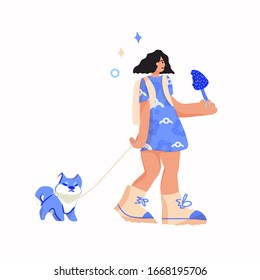 Cute flat girl and her dog are walking/ Trendy style vector illustration