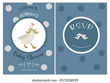 Cute flat goose wih bow on kids invitation card for birthday party. Funny character flat illustration. Vector baby invite design.
