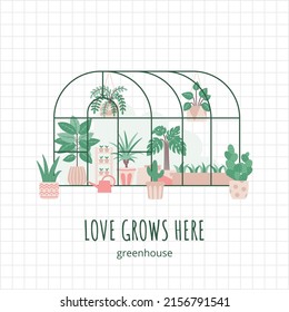 Cute flat greenhouse with tropical plants. Growing and caring for house plants, illustration on grid background.