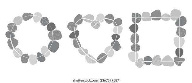 Cute flat grey frames made of sea stones pebbles arranged in the form of geometric shapes isolated on white background. Circle, heart, square. Vector illustration