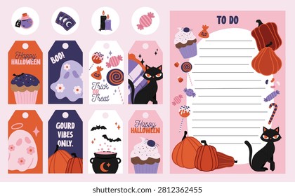 Cute Flat Halloween Planner To-Do List Labels Stickers Template Candies Pumpkins Black Cat