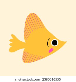 Cute flat hand drawn fish. Funny underwater or aquarium cartoon fish character. Tropical reef graphic clipart.