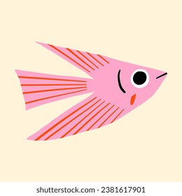 Cute flat hand drawn fish. Funny underwater or aquarium cartoon fish character. Tropical reef graphic clipart.