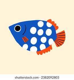 Cute flat hand drawn fish. Funny underwater or aquarium cartoon quirky fish character. Tropical reef graphic clipart.