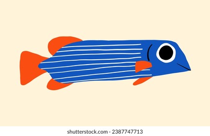 Cute flat hand drawn fish. Funny underwater or aquarium cartoon quirky fish character. Tropical reef graphic clipart.