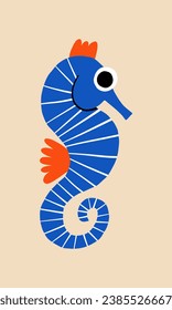 Cute flat hand drawn seahorse mascot. Funny underwater or aquarium cartoon quirky sea horse character. Tropical reef graphic clipart.