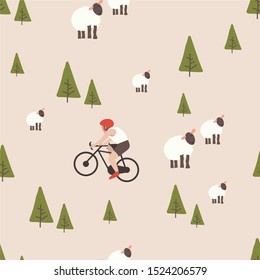 Cute flat hand drawn seamless pattern. Trees, lambs, cyclist. Kid textile, wrapping paper, background 