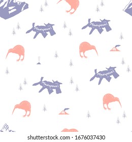 Cute flat hand drawn seamless pattern with birds and landscapes of  New Zealand. Kid textile, wrapping paper, background 