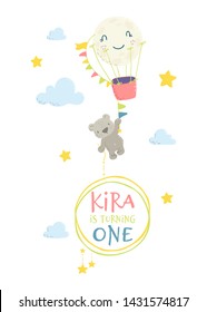 Cute flat hand drawn vector invitation. Baby shower invitation card. Baby bear with frame. Place for your text.