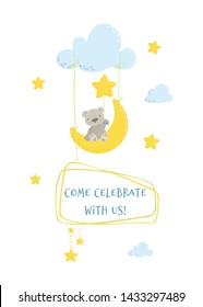 Cute flat hand drawn vector invitation. Baby shower invitation card. Baby bear with frame. Place for your text.