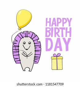 Cute flat hedgehog with balloon and present. Greeting birthday card