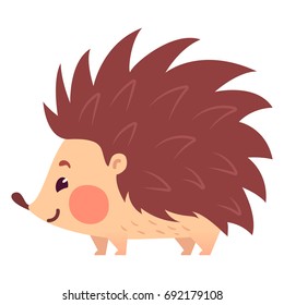 Cute flat hedgehog with blush. Childish illustration. Vector animal on white background.