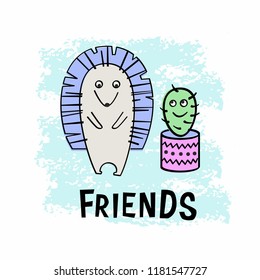 Cute flat hedgehog with cactus for print 