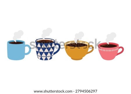 Cute Flat Hot Coffee Cups and Ceramic Mugs Vector Vector Illustration Set