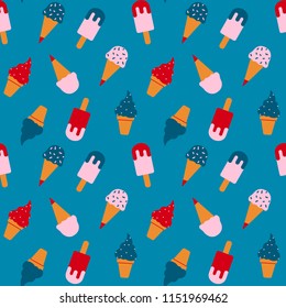 Cute flat ice cream repeat pattern in red, pastel pink, blue and yellow hues. Cheerful minimal design.