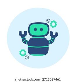 Una ilustración linda del icono plano de un robot simple con un símbolo del engranaje en tonos azules y verdes dentro de una forma circular, diseñada para la tecnología, diseño futurista
