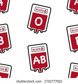 Cute flat icon outline blood bag. Blood type A, B, O, AB on white background. Vector illustration seamless pattern about medical and health.